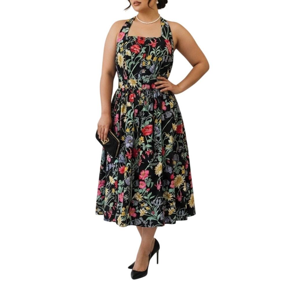 Together Vintage 80s Floral Halter Dress Black Cotton Womens M